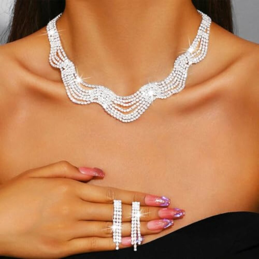 Silver Bridal Wedding Jewelry Set Sparkly Rhinestone Necklace and‎ Earrings